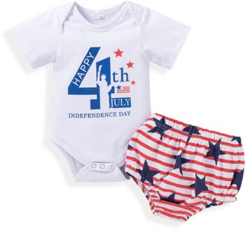 0-18 Maanden 2 Stuks Baby Independence Day Outfit Letters/Standbeeld Print Korte Mouwen Romper + Ster Strepen slips Voor Peuter Meisje B / 3M