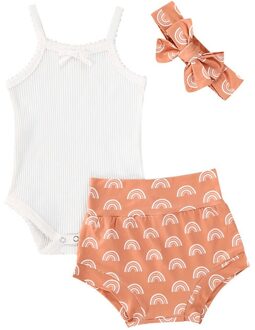 0-18M Baby Meisje Katoenen Kleding Sets 3Pcs Suits Baby Sling Geribbelde Witte Mouwloze Romper Tops + regenboog Gedrukt Pp Shorts + Hoofdband 3M
