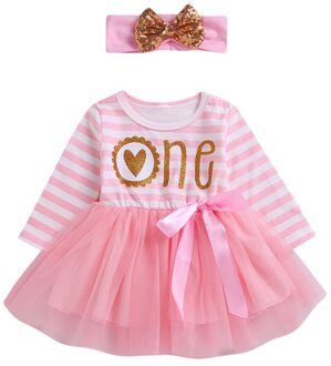 0-24 M Meisje Jurk Roze Kant Tutu Jurk Meisjes Rood Wit Gestreepte Een Brief Afdrukken Baby Jurk kid Kinderen 1 Jaar lang Sleeve / 6m