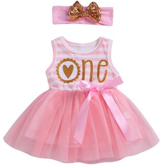 0-24 M Meisje Jurk Roze Kant Tutu Jurk Meisjes Rood Wit Gestreepte Een Brief Afdrukken Baby Jurk kid Kinderen 1 Jaar Sleeveless / 18m
