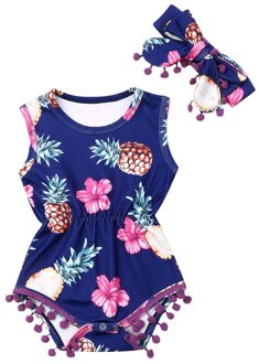 0-24M Baby Zomer Romper Kleding Pasgeboren Meisje Jongen Kwastje Hoofdband Ananas Outfit Mouwloze Bloemen Jumpsuit Blauw / 18m