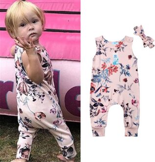0-24M Zomer Baby Meisje Bloemenprint Mouwloze Romper Jumpsuit Outfits Kleding Met Hoofdband 12m