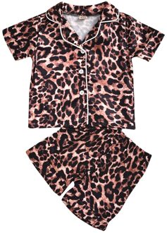 (0-6 Y) baby Kinderen Jongens En Meisjes Luipaard Print Vierkante Hals Korte Mouwen Button Top + Broek Set Pyjama Home Service 100
