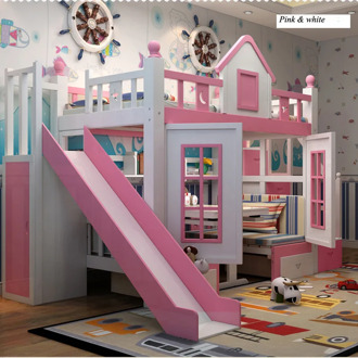 0128TB006 Modern children bedroom furniture princess castle with slide storages cabinet stairs double children bed