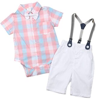 05-07 Lioraitiin 0-4Years Peuter 2 Stuks Peuter Baby Jongen Gentleman Outfit Kleding Roze Plaid Korte Mouw romper Top + Shorts A / 2T
