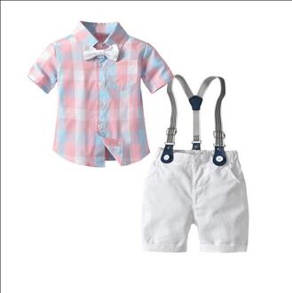 05-07 Lioraitiin 0-4Years Peuter 2 Stuks Peuter Baby Jongen Gentleman Outfit Kleding Roze Plaid Korte Mouw romper Top + Shorts B / 4T