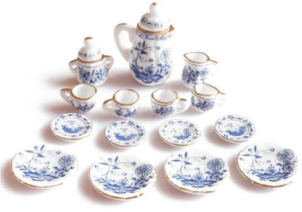 1/12th Eetkamer Ware China Keramische Thee Set Poppenhuis Miniaturen Blauwe Bloem