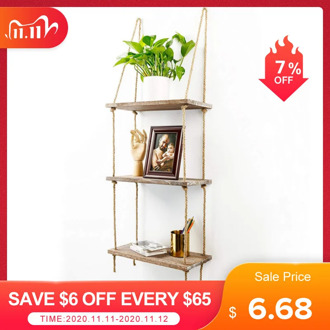 1 2 3 Tier Rustic Wooden Hanging Rope Shelf Handmade Solid Wood Floating Shelves Home Decorative Wall Mounted Rack Wall Tray