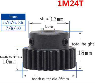 1/2/5/10/20PCS 1 M 24T Spur Gear Pinion Boring 8mm stap 17mm Oppervlak Zwarte Motor Pinion Gear 1 Modulus Tand 24 Buitendiameter 26mm 24T (2stk)