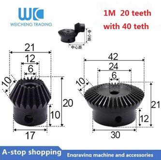 1:2 Bevel Gear 1 Modulus 20 Tanden + 40 tanden Binnenste Gat 6mm 90 Graden Stalen Tandwielen Met Schroeven