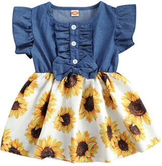 1-3 Jaar Peuter Baby Meisje Zomer Jurk Elegante Ruches Mouw Knop Front Bloemenprint Denim Jurk Voor Meisjes geel / 12m