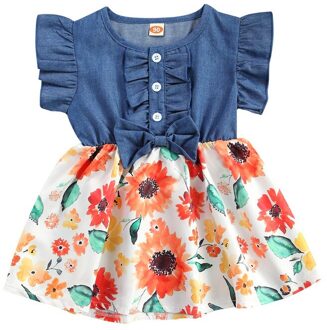 1-3 Jaar Peuter Baby Meisje Zomer Jurk Elegante Ruches Mouw Knop Front Bloemenprint Denim Jurk Voor Meisjes Oranje / 24M