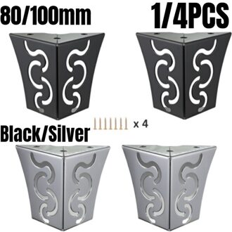 1/4Pcs Hollow Out Moderne Metalen Meubelen Sofa Benen Zware Zwart/Zilver Voor Bank Kast Tv bench Met Schroeven 80/100Mm 1stk / 80mm zilver