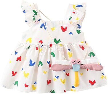 1-5y Meisjes Jurk Koreaanse Zomer Korte Mouw Heart Print Ruches Mouwloze Jurk + Dragonfly Tas Prinses Jurk Детские Платья 2-3 Years