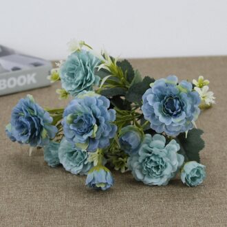 1 Bundel Zijde Pioen Boeket Woondecoratie Accessoires Bruiloft Party Scrapbook Nep Planten Diy Pompons Kunstmatige Rozen Bloemen blauw