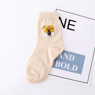 1 Paar Grappige Kawaii Vrouwelijke Sokken Plant Jacquard Leuke Wilde Cactus Pure Katoenen Sokken Beige