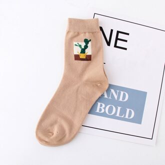 1 Paar Grappige Kawaii Vrouwelijke Sokken Plant Jacquard Leuke Wilde Cactus Pure Katoenen Sokken Bruin