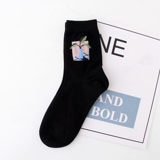 1 Paar Grappige Kawaii Vrouwelijke Sokken Plant Jacquard Leuke Wilde Cactus Pure Katoenen Sokken zwart