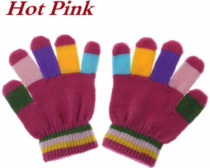 1 Paar Kids Handschoenen Volledige Vinger Warme Winter Kinderen Kleurrijke Streep Gebreide Jongens Meisjes Effen Handschoen Multi Kleur Elastische heet roze