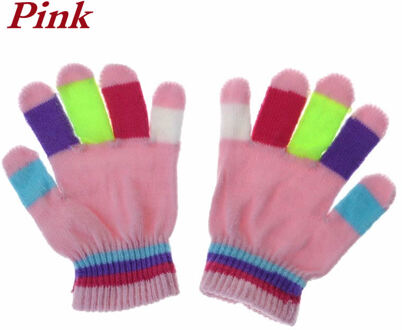 1 Paar Kids Handschoenen Volledige Vinger Warme Winter Kinderen Kleurrijke Streep Gebreide Jongens Meisjes Effen Handschoen Multi Kleur Elastische roze