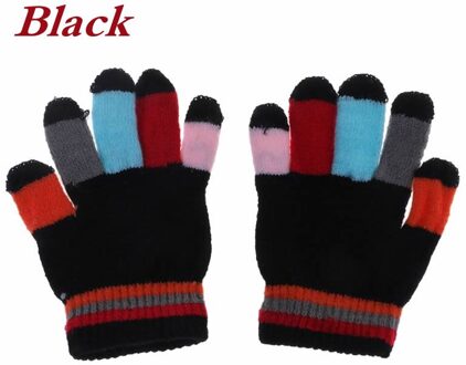 1 Paar Kids Handschoenen Volledige Vinger Warme Winter Kinderen Kleurrijke Streep Gebreide Jongens Meisjes Effen Handschoen Multi Kleur Elastische zwart