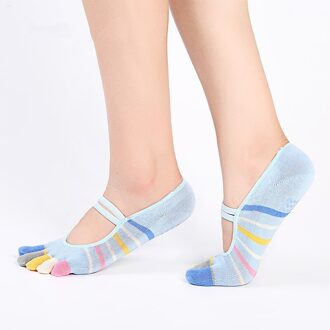 1 Paar/partij Vrouwen Strepen Yoga Sokken Meisjes Met Grips Ademend Antislip Gym Fitness Pilates Dans Vijf Teen Katoenen Sok blauw