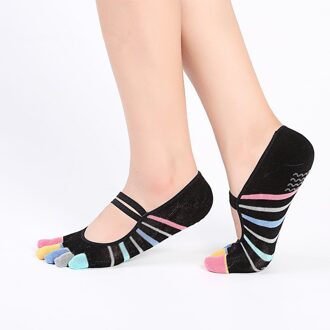 1 Paar/partij Vrouwen Strepen Yoga Sokken Meisjes Met Grips Ademend Antislip Gym Fitness Pilates Dans Vijf Teen Katoenen Sok zwart