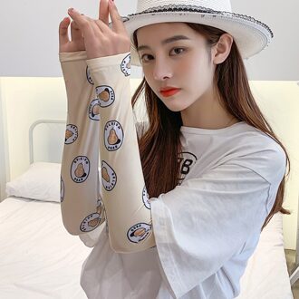 1 Paar Print Zon Arm Mouw Warmers Manchetten Uv Bescherming Arm Mouwen Print Handschoenen Zon Uv Cover Fietsen Beige