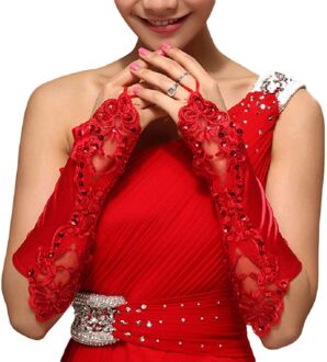 1 Paar Vrouwen Bruids Lange Handschoenen Vingerloze Borduren Kant Glitter Pailletten Effen Kleur Elleboog Lengte Wanten Haak Vinger We Rood