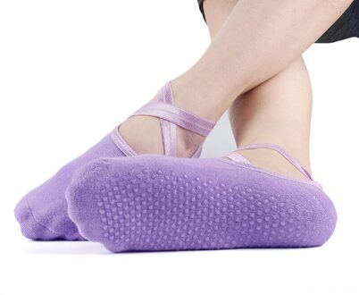 1 Paar Vrouwen Katoen Yoga Sokken Ballet Cross Bandjes Backless Pilates Sok Lady Antislip Sport Voet Boot Sokken dans Protector licht paars