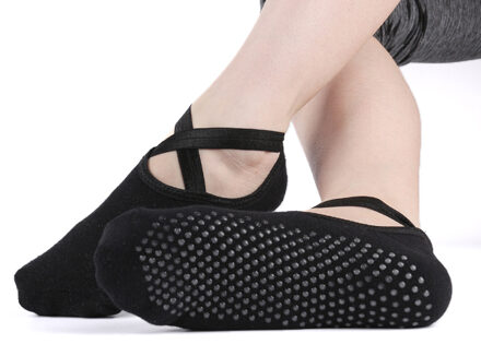 1 Paar Vrouwen Katoen Yoga Sokken Ballet Cross Bandjes Backless Pilates Sok Lady Antislip Sport Voet Boot Sokken dans Protector zwart