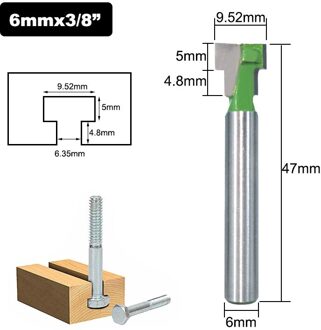 1 Pc 1/4 "Of 6 Mm Schacht T-Slot Cutter Router Bit Set Hex Bolt Sleutel Gat Bits T Slotting Frees Voor Hout Houtbewerking 6.35mm Shank / 1stk 9.52mm
