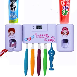 1 PC 2 in 1 Automatische Tandpasta Dispenser met 5 Tandenborstelhouder Set Wall Mount Stand Met Klok