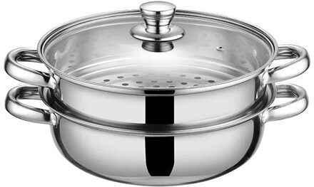 1 Pcs 28Cm Multifunctionele Stoom Pot Dubbele Lagen Soeppan Roestvrij Staal Stoomboot Koken Boiler Kookgerei, Zilver