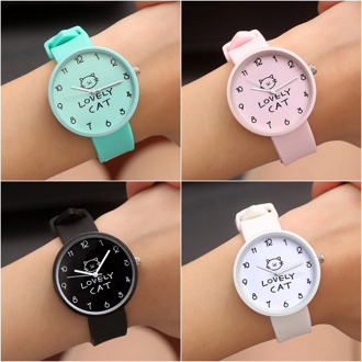 1 Pcs Cartoon Lovely Cat Font Round Shape Children Watches Kids Wrist Quartz Watch Silicone Strap Student Clock Birthday Gift