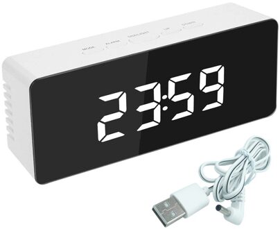 1 Pcs Multifunctionele Digitale Spiegel Led Display Wekker Bureauklok Temperatuur Kalender Snooze Functie Met Usb Kabel wit