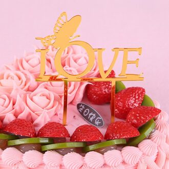 1 Pcs Vlinder Liefde Wedding Cake Topper Acryl Gelukkige Verjaardag Cupcake Toppers Cake Vlaggen Partij Bruiloft Bakken Decoratie gouden