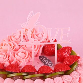 1 Pcs Vlinder Liefde Wedding Cake Topper Acryl Gelukkige Verjaardag Cupcake Toppers Cake Vlaggen Partij Bruiloft Bakken Decoratie roze