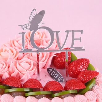 1 Pcs Vlinder Liefde Wedding Cake Topper Acryl Gelukkige Verjaardag Cupcake Toppers Cake Vlaggen Partij Bruiloft Bakken Decoratie zilver