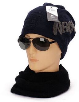 1 Pcs Winter Hoeden Voor Mannen Thicken Brief Oor Bescherming Skullies Mutsen Gebreide Caps 6 Kleuren 8512 marine blauw