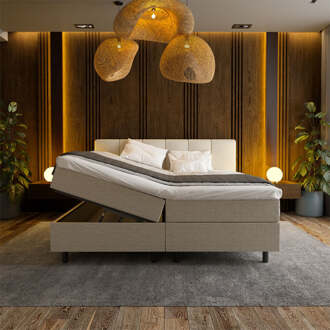 1-Persoons Boxspring Met Opbergruimte Wide - Beige - Beige 90x210 Cm - Pocketvering - Inclusief Topper - Dekbed-Discounter.nl - 90 x 210 cm (Rechts open)