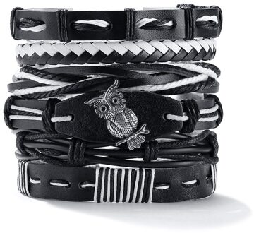 1 Set 5 Stuks Lederen Armband Heren Multi-Layer Bead Armband style1