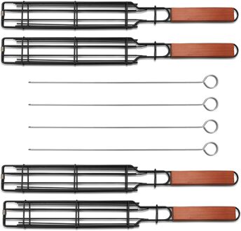 1 Set Barbecue Grill Grillen Mand Rvs Kebab Bbq Grill Doos Tool Houten Handvat Praktische Outdoor Picknick Supply # BL2