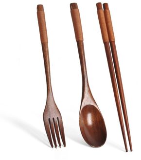 1 Set Chinese Eetstokjes Servies Houten Bestek Sets Met Lepel Vork Doek Tas Milieuvriendelijk Reizen Draagbare 02
