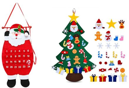 1 Set Diy Vilt Kerstboom Voor Diy Kerstversiering & 1 Pcs Voor Thuis Kerstman Sneeuwpop Muur Kalender