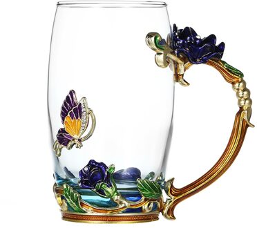 1 Set Emaille Bloem Handgreep Thee Cup Glazen Beker Verdikte Glas Water Cup blauw