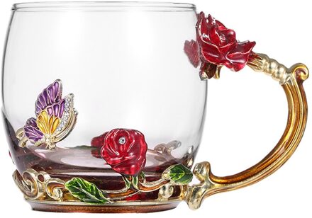 1 Set Emaille Bloem Kopje Thee Glassthickened Glas Water Cup Met Handgreep rood roos patroon