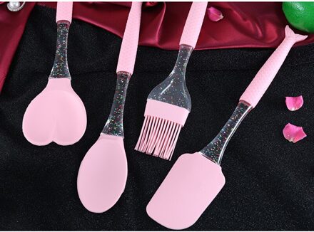 1 Set Leuke Cartoon Crystal Fishtail Roze Vier Stuk Siliconen Spatel Olie Borstel Lepel Huishoudelijke Bakken Tools Bakvormen Sets