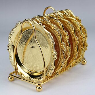 1 Set Metalen Serveerschaal Fruit Dienblad Cup Mats Isolatie Matten Met Beugel Keuken Home Decor Accessoires goud