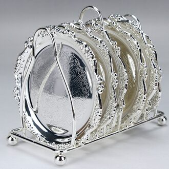1 Set Metalen Serveerschaal Fruit Dienblad Cup Mats Isolatie Matten Met Beugel Keuken Home Decor Accessoires Zilver